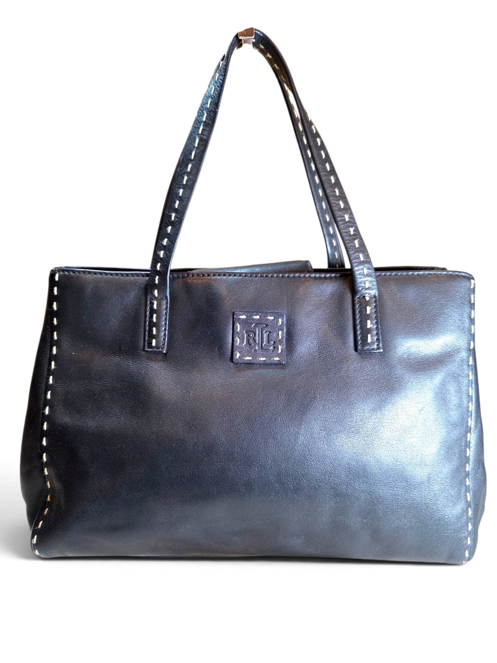 Lauren Ralph Lauren Black Leather Tote Bag with Contrast Stitching